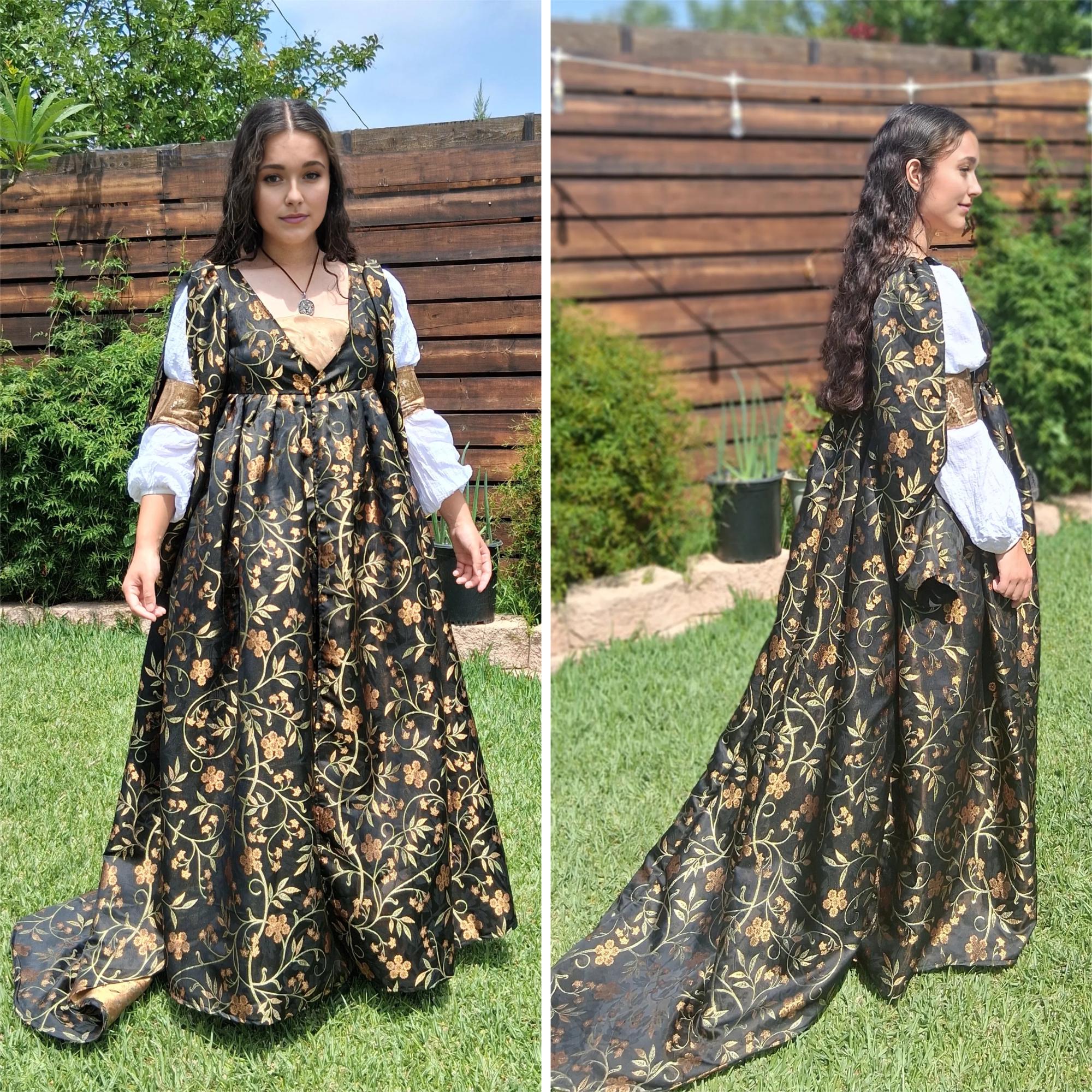Italian Renaissance Cioppa Gown Dress Costume - Overdress Black Flower Vines - 1400s 1500s 15th 16th Century Juliet SCA - M or Custom Made
