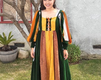 Renaissance Shakespeare Italian Gown 15th 16th Century Dress - Velvet Gold Green Brown - Slashed Sleeve Ribbon Lace Up - Ladies CUSTOM MADE