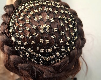 Renaissance Hairnet Snood Beaded Juliet Hair Accessory - Headpiece Hat Black Net with Gold Beads Italian Cap