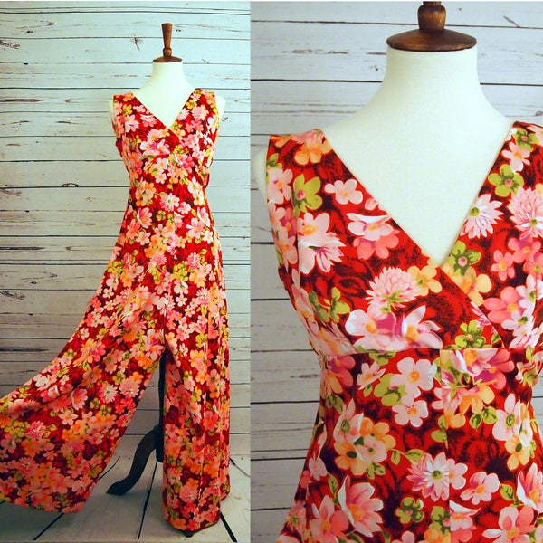 60s 70s JUMPSUIT Floral Romper Overalls - Fabulous Mod/Rad Pants Top Shirt Printed Hippie Retro Bohemian V Neck Wide Leg Pantsuit Boho M 8