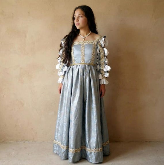 blue renaissance wedding dress Italian Gold and Light Gown W Puff Sleeves - or Cinderella, Juliet, Lucrezia Borgia, Etc - CUSTOM Made Color:Porcelain Blue Floral Vintage 90s Dungaree Dress The dress is made Collection:Off The Shoulder Dresses