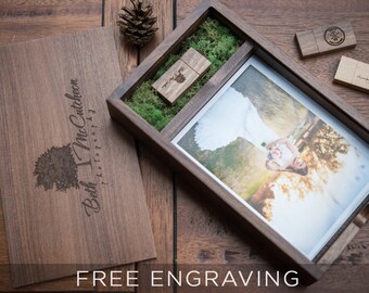 Engraved Walnut Photo Box and USB Flash Drive 3.0