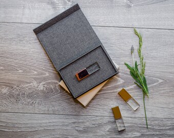 Crystal Glass USB with Charcoal Linen USB Box