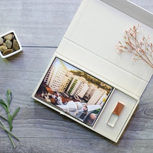 5 Cream Linen Photo Box with Crystal Glass USB Flash Drive 3.0