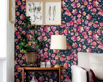 Dark floral wallpaper, floral wallpaper, Flower wallpaper, Removable wallpaper with floral pattern, WF175