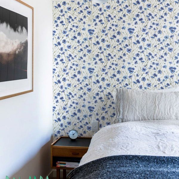 Blue Cornflower Pattern Wallpaper, Removable Wallpaper, Floral Decal, Wall Decal, Peel & Stick Wallpaper, 184