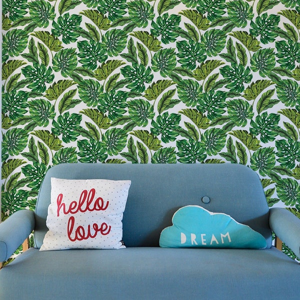 Wallpaper with MONSTERA & BANANA leaves pattern, Tropical prints removable wallpaper, Banana leaves wallpaper, Tropical leaves wall covering