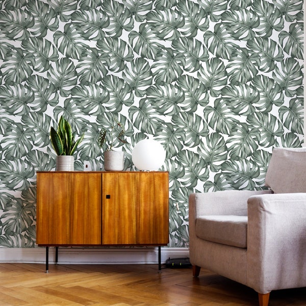 Monstera leaves print peel stick wallpaper, Monstera leaves removable wallpaper, Jungle temporary wallpaper, Tropical wallpaper, 177