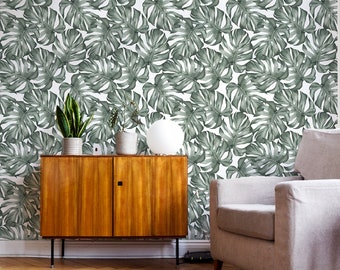 Monstera leaves print peel stick wallpaper, Monstera leaves removable wallpaper, Jungle temporary wallpaper, Tropical wallpaper, 177