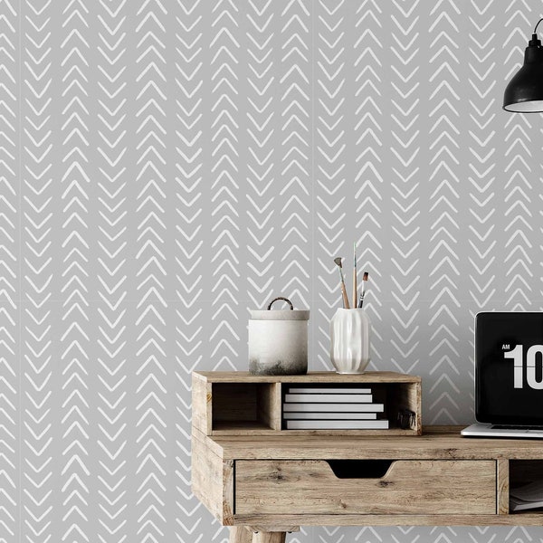 Peel and stick wallpaper with white herringbone pattern on a grey background, Wall sticker with herringbone pattern, Scandinavian wallpaper