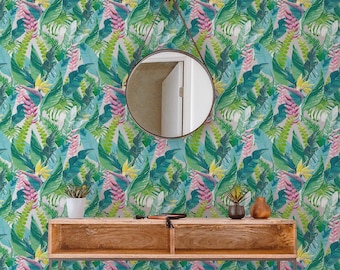 Papel tapiz con patrón de hojas de calathea, papel tapiz extraíble de hojas verdes, mural de pared exótico con acentos rosas, papel tapiz de Palm springs, 109