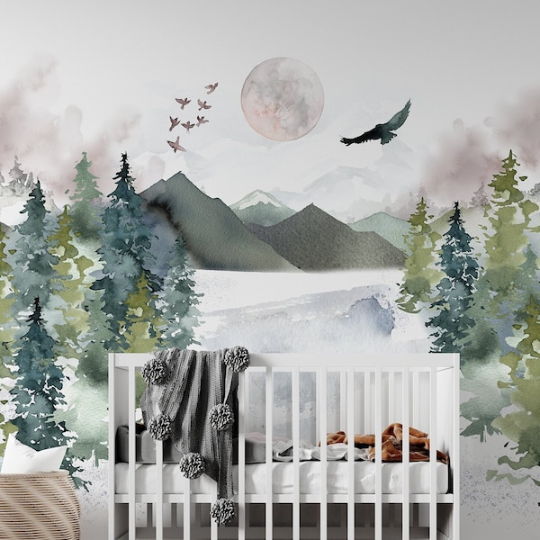 Forest nursery wallpaper, Nursery name sign, Watercolor nursery wallpaper, Custom forest peel and stick wallpaper, Baby nursery wallpaper