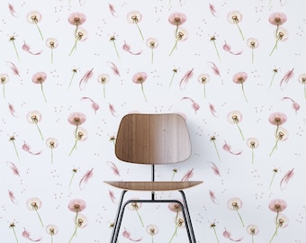 Wallpaper with dandelion and feather pattern, Pink nursery wallpaper, Removable wallpaper for baby room, Floral wallpaper, WF126