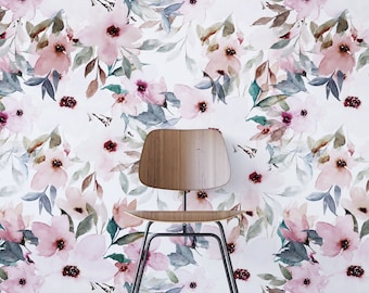 Flowers wall mural Tropical Patchwork removable wallpaper Watercolor wall decor Peel and stick MAF017 Reusable Removable