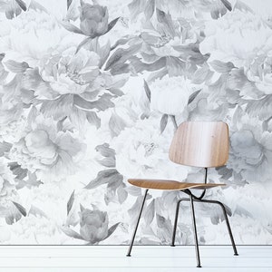 Removable Wallpaper With Peonies in Bloom Pattern Monochrome - Etsy