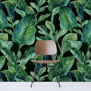 Wallpaper with green watercolor banana leaves pattern, Watercolor banana leaves wall decal, Large leaves removable wallpaper, Wall sticker image 3