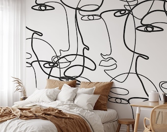 One line drawing wallpaper mural, Large face line removable wallpaper, Black and white bedroom wallpaper, Abstract wallpaper for walls