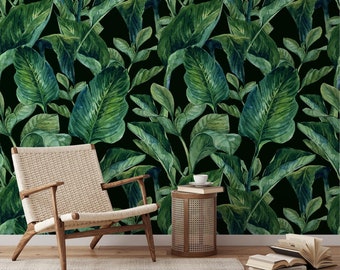 Wallpaper with green watercolor banana leaves pattern, Watercolor banana leaves wall decal, Large leaves removable wallpaper, Wall sticker
