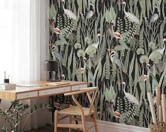 Heron wallpaper, Black botanical wallpaper, Botanical peel and stick wallpaper, Black heron wallpaper, Heron removable wallpaper, WFL141