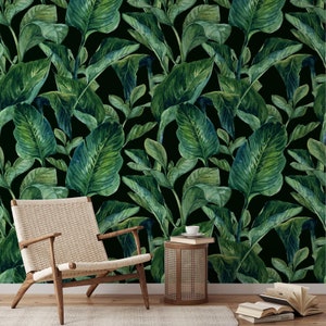 Wallpaper with green watercolor banana leaves pattern, Watercolor banana leaves wall decal, Large leaves removable wallpaper, Wall sticker image 1