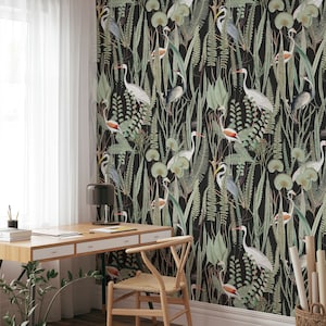 Dark botanical wallpaper, Botanical peel and stick wallpaper, Dark moody wallpaper, Removable wallpaper, WFL141
