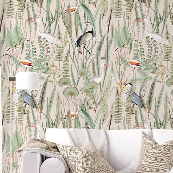 Heron wallpaper, Peel and stick heron wallpaper, Peel and stick wallpaper, Botanical removable wallpaper, Pink crane wallpaper, WFL127