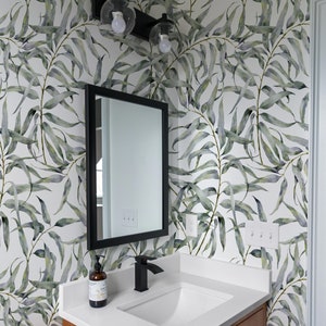 Eucalyptus leaves removable wallpaper, Botanical temporary wallpaper, Renters friendly wallpaper, Peel and stick wallpaper sage green