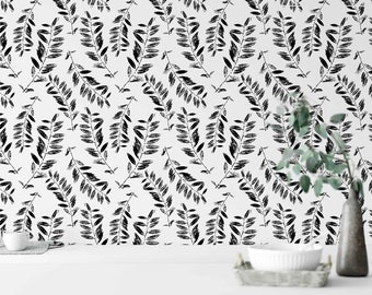 Papel tapiz pelado y pegado con impresiones de hojas tropicales en blanco y negro, papel tapiz extraíble en blanco y negro, mural de pared botánico