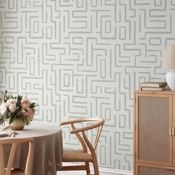 Grey maze peel and stick wallpaper, Maze removable wallpaper, Renters friendly wallpaper with maze pattern, Grey geometric wallpaper, WFL179