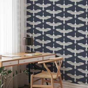 Navy blue peel stick wallpaper, Heron wallpaper for accent wall, Mid century modern wallpaper, Blue and white wallpaper, WFL186