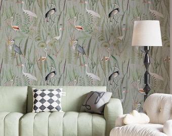 Heron wallpaper, Peel and stick heron wallpaper, Peel and stick wallpaper with birds, Botanical removable wallpaper, Sage wallpaper, WFL130