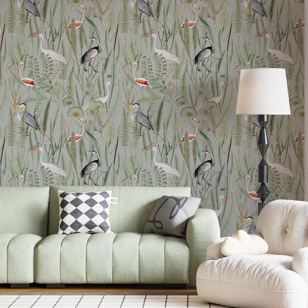 Heron wallpaper, Peel and stick heron wallpaper, Peel and stick wallpaper with birds, Botanical removable wallpaper, Sage wallpaper, WFL130