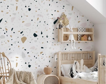 Terrazzo wallpaper, Geometric wallpaper, Terrazzo wallpaper for nursery, Grey wallpaper for kids room, Removable wallpaper, WFL055