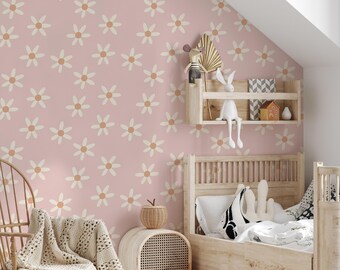 Summer vibes removable wallpaper, Floral removable wallpaper, Pink floral wallpaper, Peel and stick Wallpaper, Accent wall wallpaper, WFL190