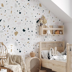 Terrazzo Tapete, Geometrische Tapete, Terrazzo Tapete für Babyzimmer, Graue Tapete für Kinderzimmer, Abnehmbare Tapete, WFL055