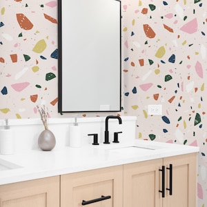 Peel and stick wallpaper with pink terrazzo pattern, Terrazzo wallpaper for nursery, Terrazzo pattern removable wallpaper, WFL140