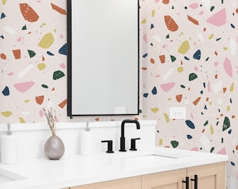 Peel and stick wallpaper with pink terrazzo pattern, Terrazzo wallpaper for nursery, Terrazzo pattern removable wallpaper, WFL140