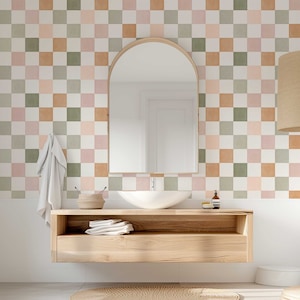 Carta da parati a scacchi stacca e attacca, Carta da parati moderna colorata di metà secolo, Carta da parati stravagante per la camera da letto, Carta da parati a scacchi retrò rosa e salvia