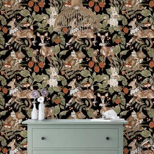 Mushroom Peel and Stick Woodland Wallpaper, Whimsical Forest Wallpaper Mural with Deer, Bunny, and Berry, Dark Moddy Floral Wallpaper, 450