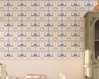 Blue Bows Peel and Stick Wallpaper, Vintage Cottagecore Removable Wallpaper, Farmhouse wallpaper Blue and White, WFL463