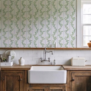 Green Vintage Peel & Stick Wallpaper, Watercolor Botanical Vine Stripe, Cottage Farmhouse Floral Wallpaper, WFL467