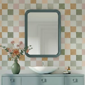Peel and stick checkered wallpaper, Colorful midcentury modern wallpaper, Whimsical bedroom wallpaper, Retro pink and sage checker wallpaper
