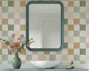 Peel and stick checkered wallpaper, Colorful midcentury modern wallpaper, Whimsical bedroom wallpaper, Retro pink and sage checker wallpaper