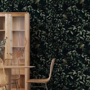 Dark moody botanical wallpaper, Botanical Dark Green Wallpaper, Dark academia wallpaper, 445