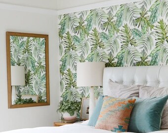 Wallpaper with Monstera leaves pattern, Removable Wallpaper, Monstera leaves Wallpaper, Exotic Wall Sticker, Tropical leaf prints, 102