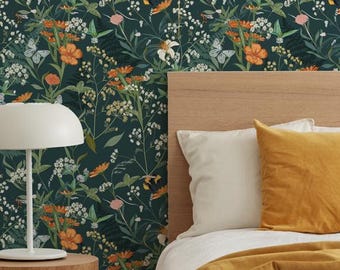 Dark green botanical wallpaper, Vintage botanical removable wallpaper, Whimsical wallpaper mural with botanical print, 449