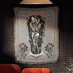 Skeleton Couple Woven Tapestry Blanket, Personalized Woven Blanket, Light Academia Home Decor, Gothic Wedding Gift For Couple