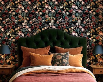 Dark Academia Peel & Stick Wallpaper, Gothic Floral mit Schädeln und Schlangen