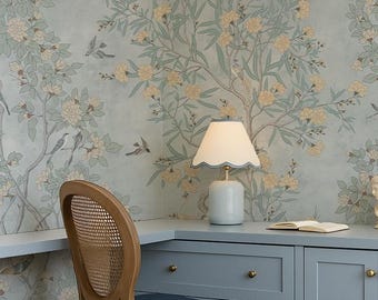 Chinoiserie Peel & Stick Wallpaper Mural, Duck Egg Blue, Birds and Botanical