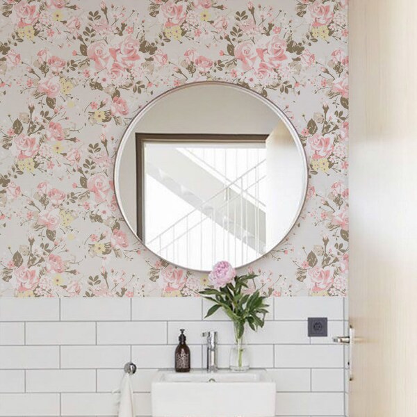 GARDEN ROSE & DAISY self adhesive wallpaper, Garden rose wall covering, Daisy flower renters wallpaper, Baby girl nursery wallpaper, 152